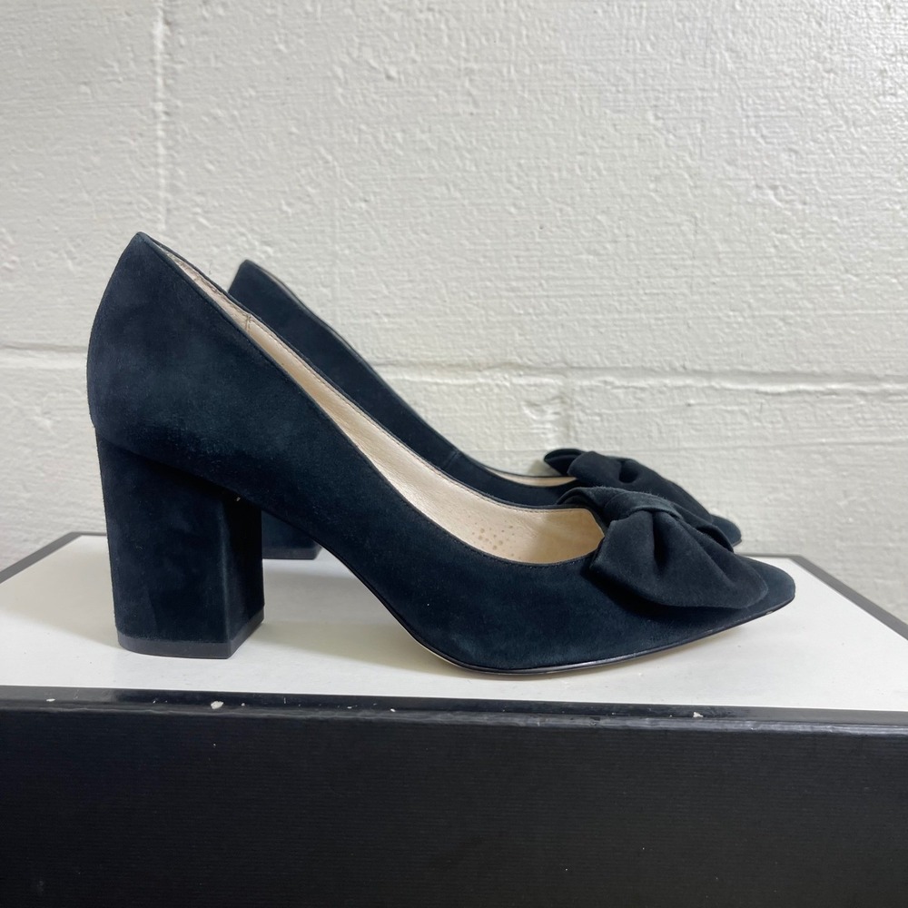 Kate‎ Spade Black Suede Bow Pointed Toe Block Heel Pumps Slip On Women's 6.5 M